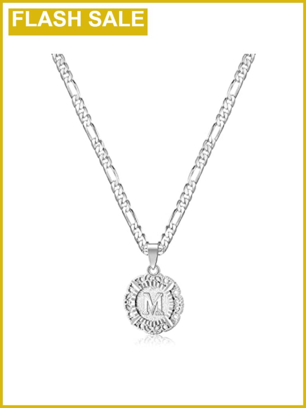 Initial Pendant Necklace Stainless Steel White Gold Plated Figaro Chain 20 in